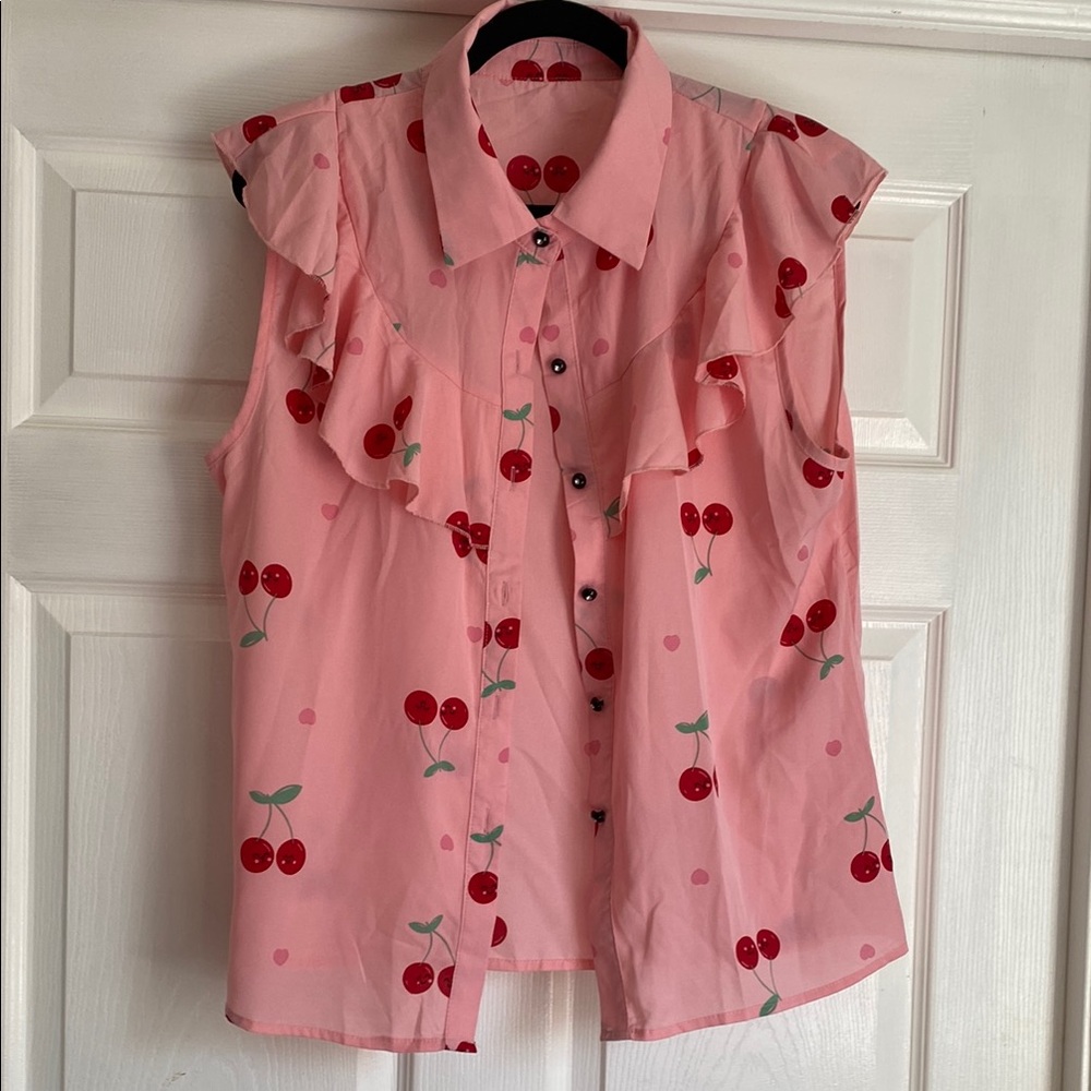 SHEIN Pink Cherry Print Blouse with Ruffle Sleeves